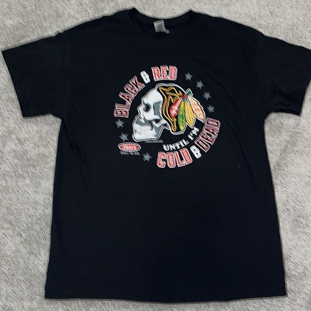 New black & red until I’m cold and dead Chicago Blackhawks skull hockey shirt L